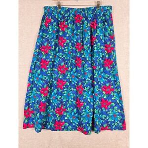 Liz Baker Essentials Womens 20W Blue Pink Floral Cotton Rayon Midi Skirt Elastic